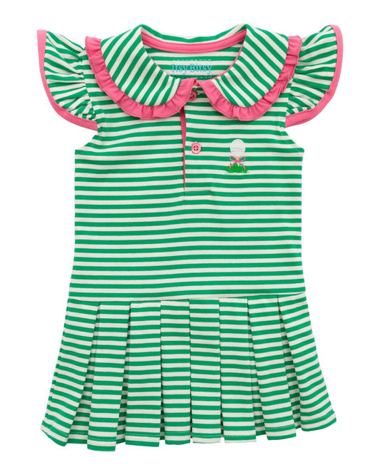 Green and white striped dress with pink trim and golf accents