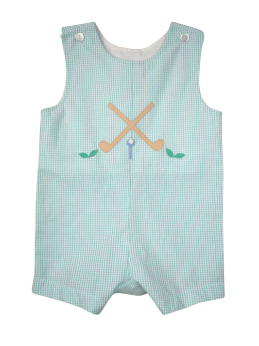 Pale green mini check sleeveless shortall with golf club applique.