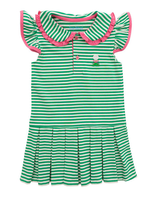 Green and white striped dress with pink trim and golf accents 