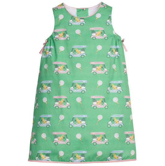 Green dress with dog and golf cart pattern 