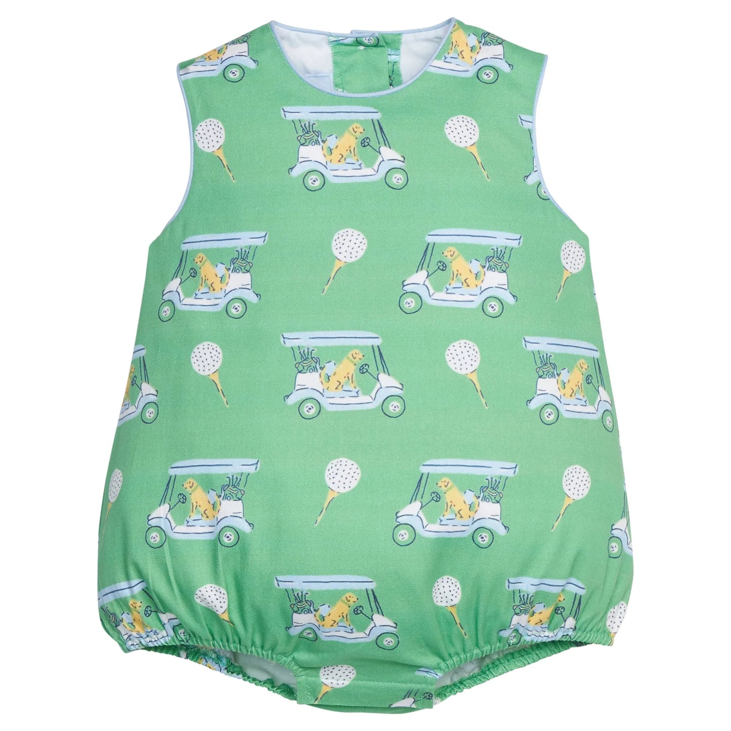 Green baby romper with golf cart and dog pattern 