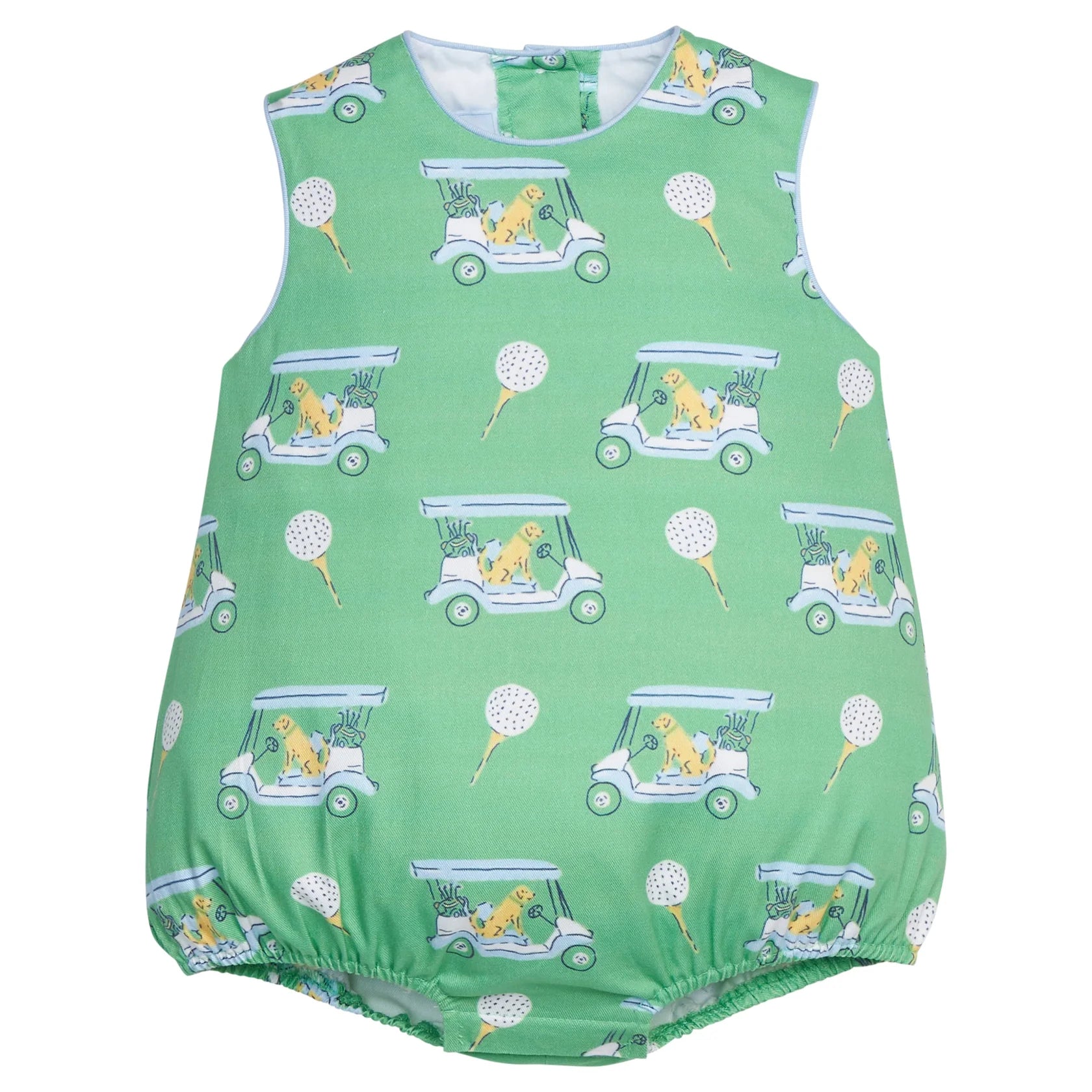 Green baby romper with golf cart and dog pattern 