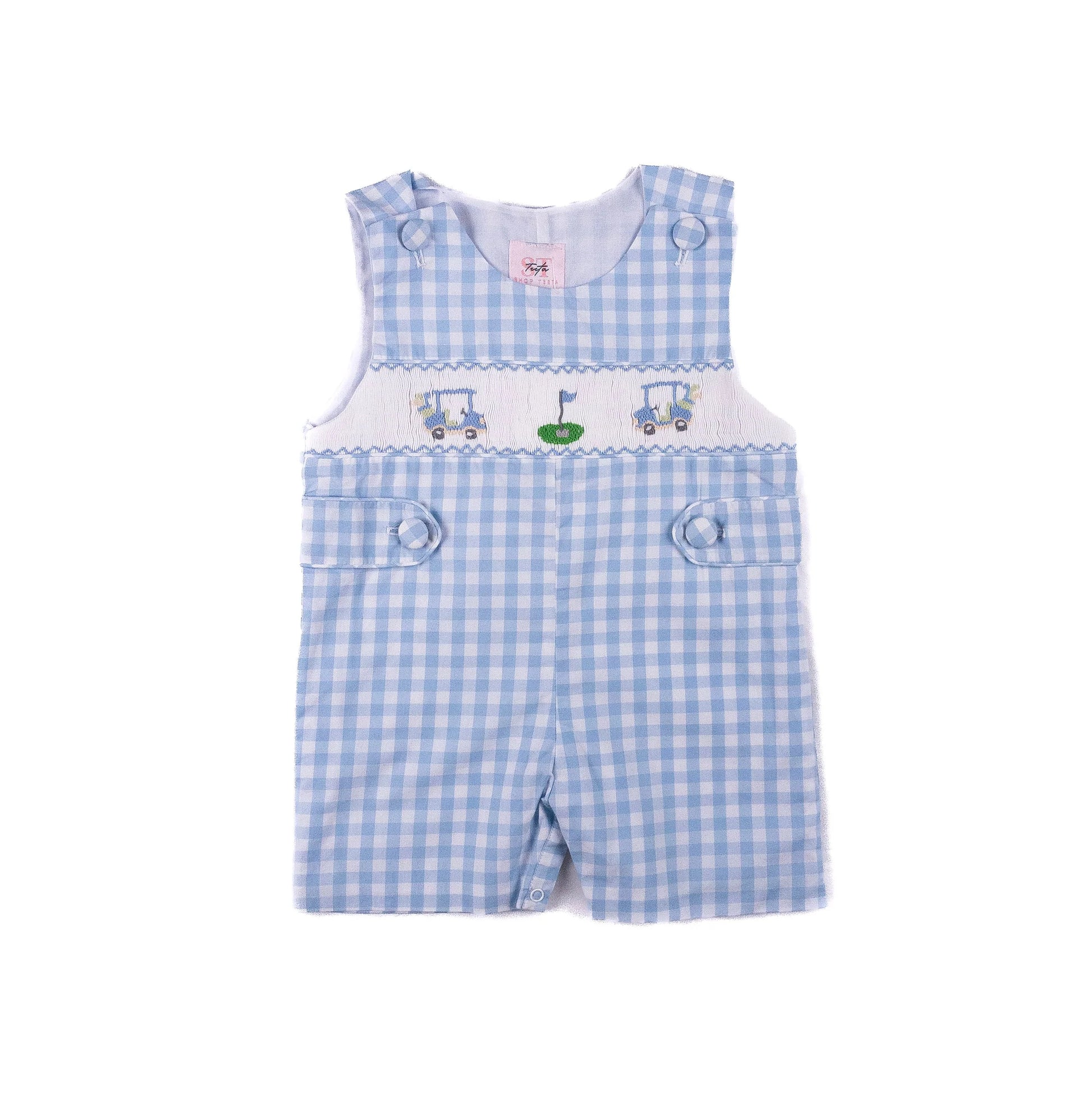 Blue checkered baby romper with smoked golf details 