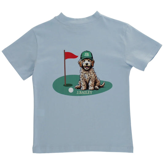 Light blue t-shirt with a dog and golf graphic 