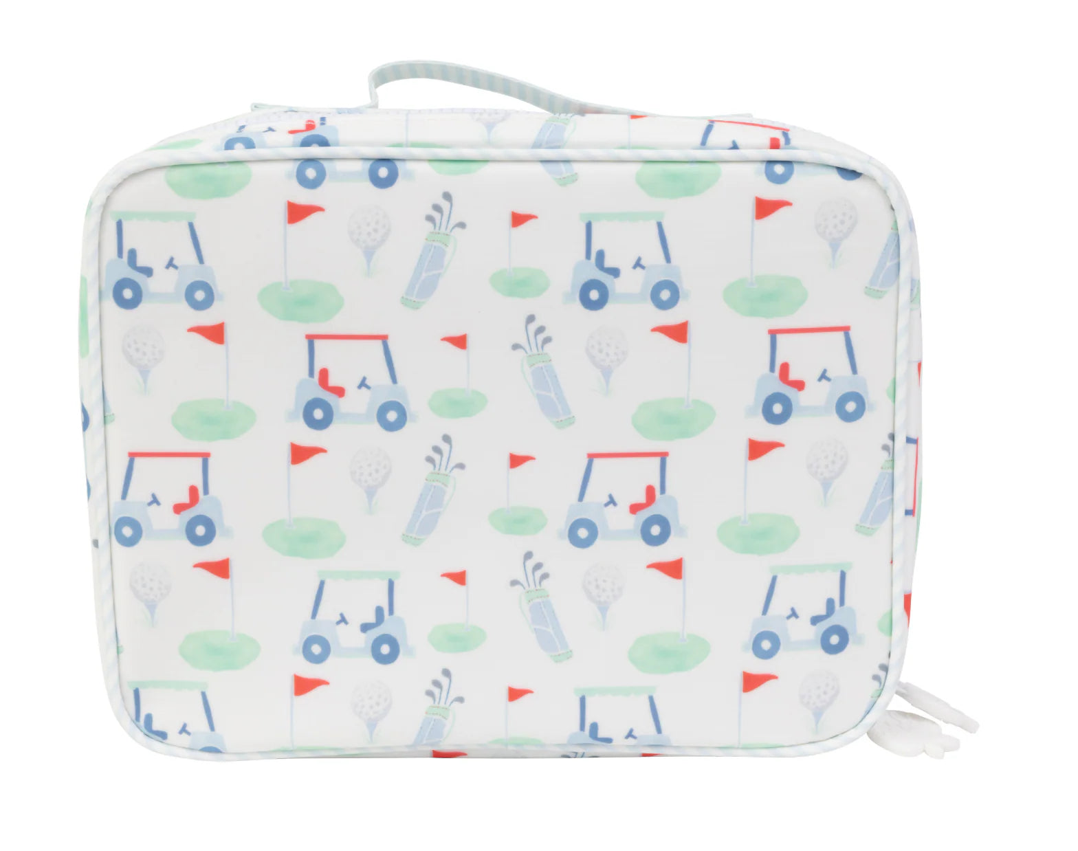 Children's lunch bag with golf-themed design on a white background