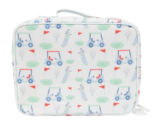 Children's lunch bag with golf-themed design on a white background
