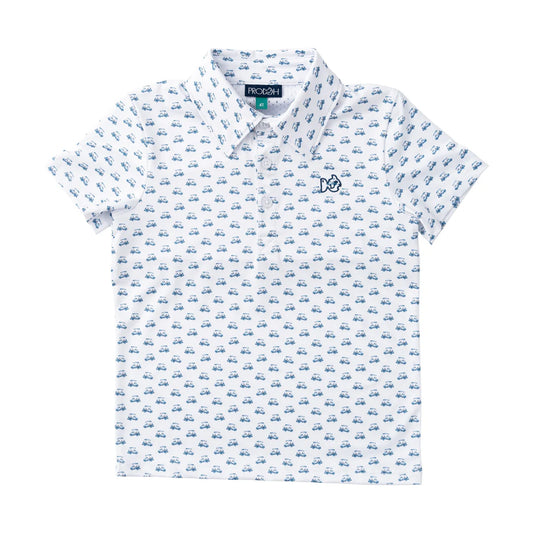 White polo shirt with golf cart pattern on a white background