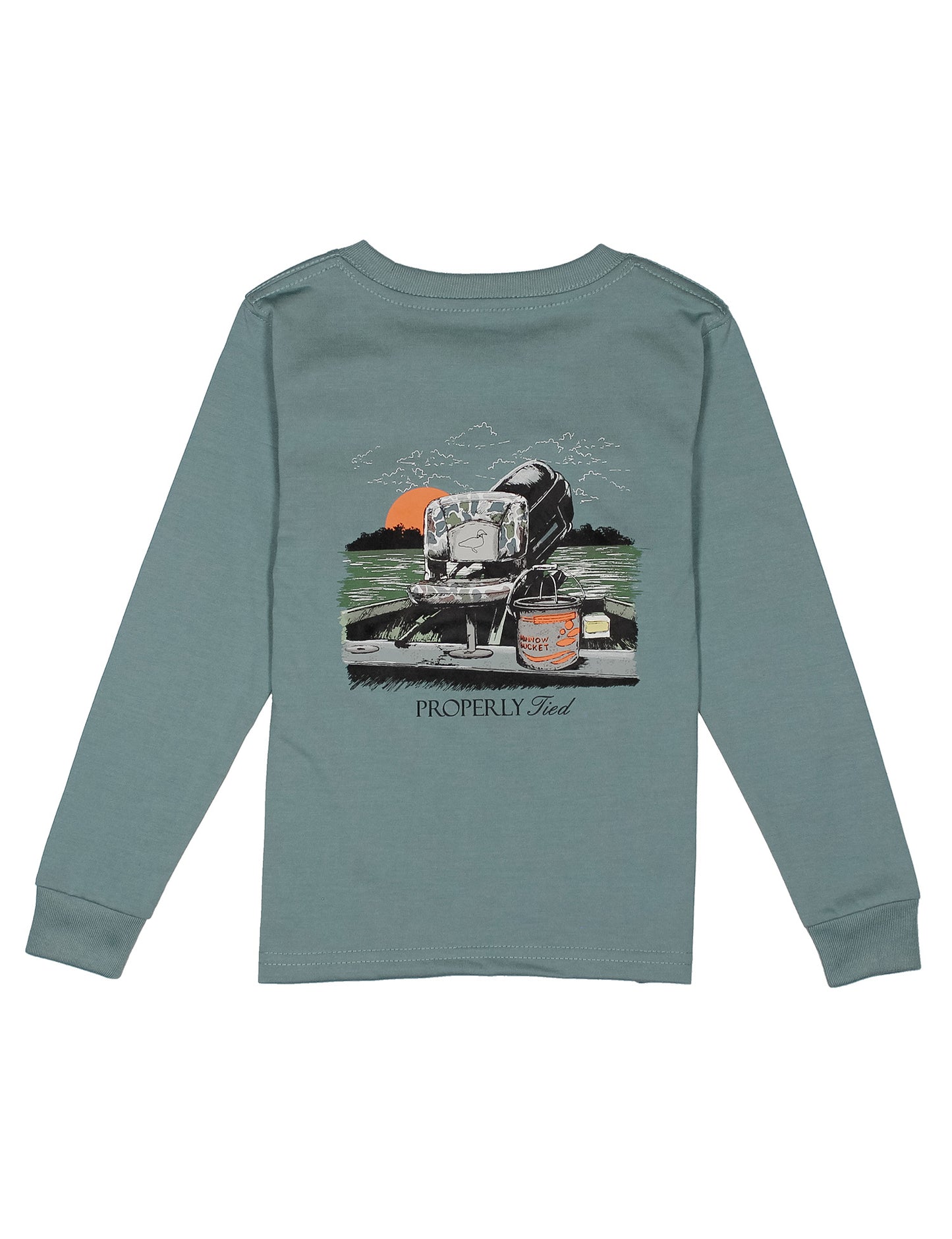 Green long-sleeve shirt with a graphic of a camo design boat chair design on a white background