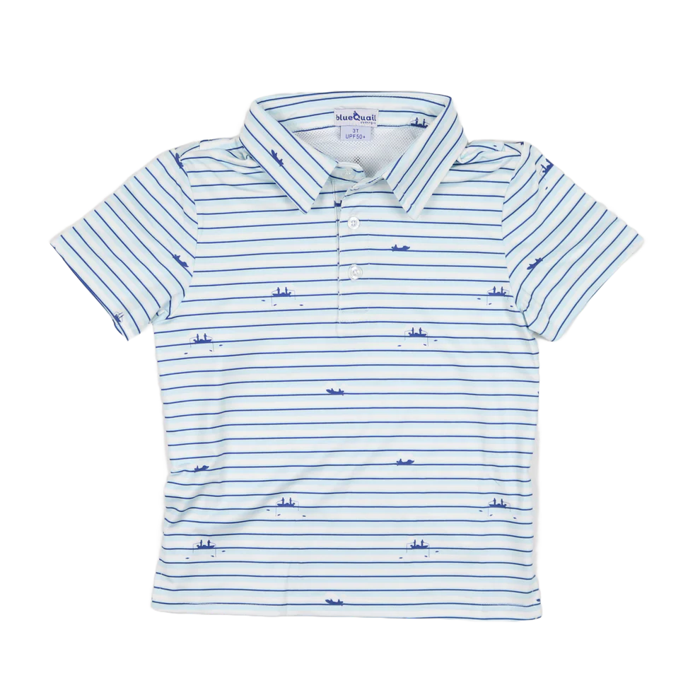 Blue striped short sleeve polo shirt with a fishing boat design.