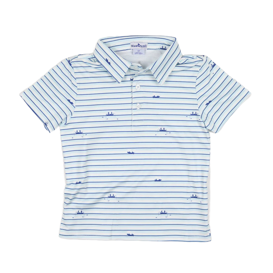 Blue striped short sleeve polo shirt with a fishing boat design.