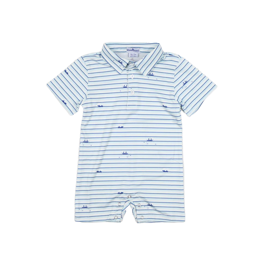 Blue and white striped short sleeve polo romper with a fishing boat design.
