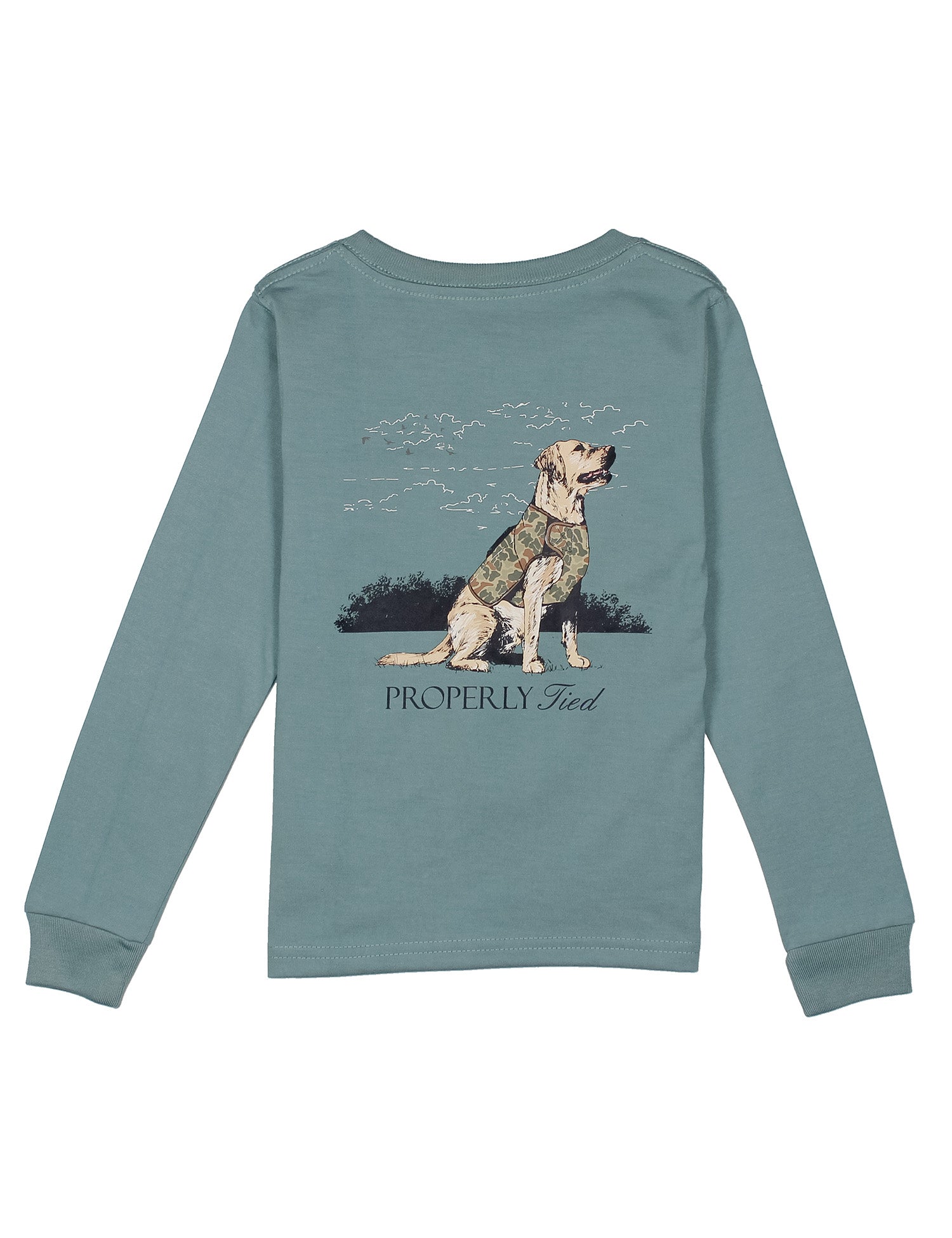 Teal long-sleeve shirt with a dog illustration in a camo vest and 'Properly Tied' text on the back.