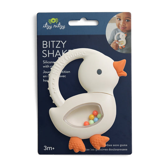 Baby teething goose toy with colorful beads in packaging, featuring the brand 'itzy ritzy'.