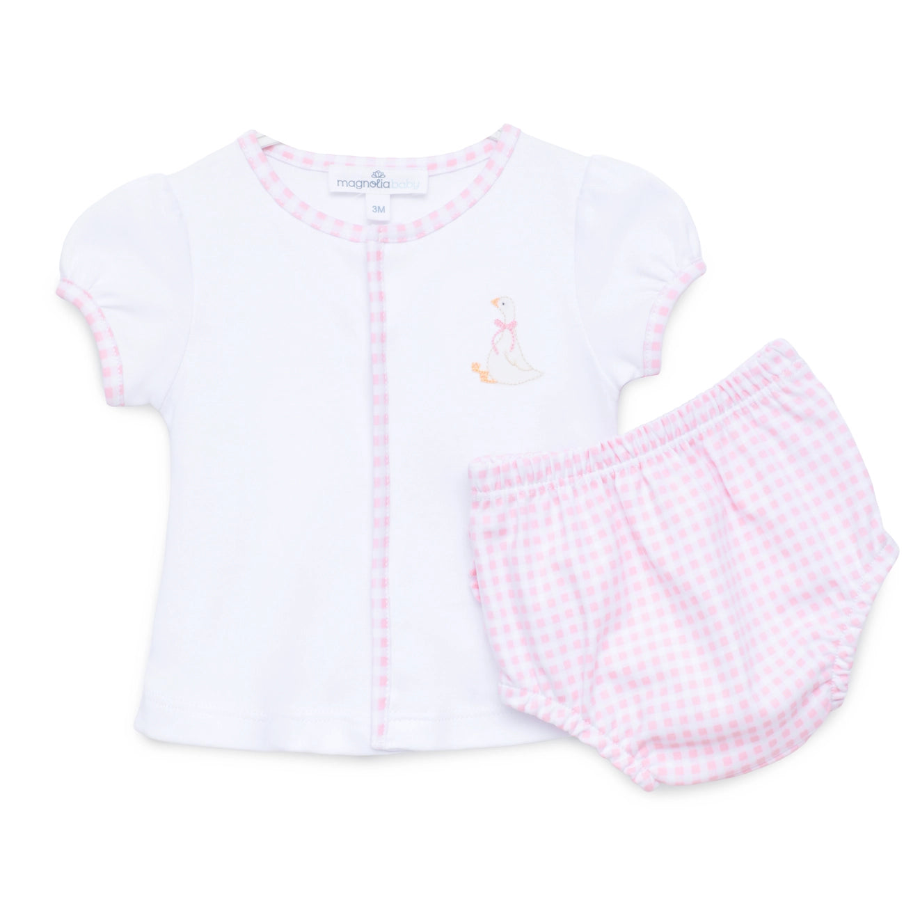 White diaper set with goose on shirt and pink checkered diaper cover 