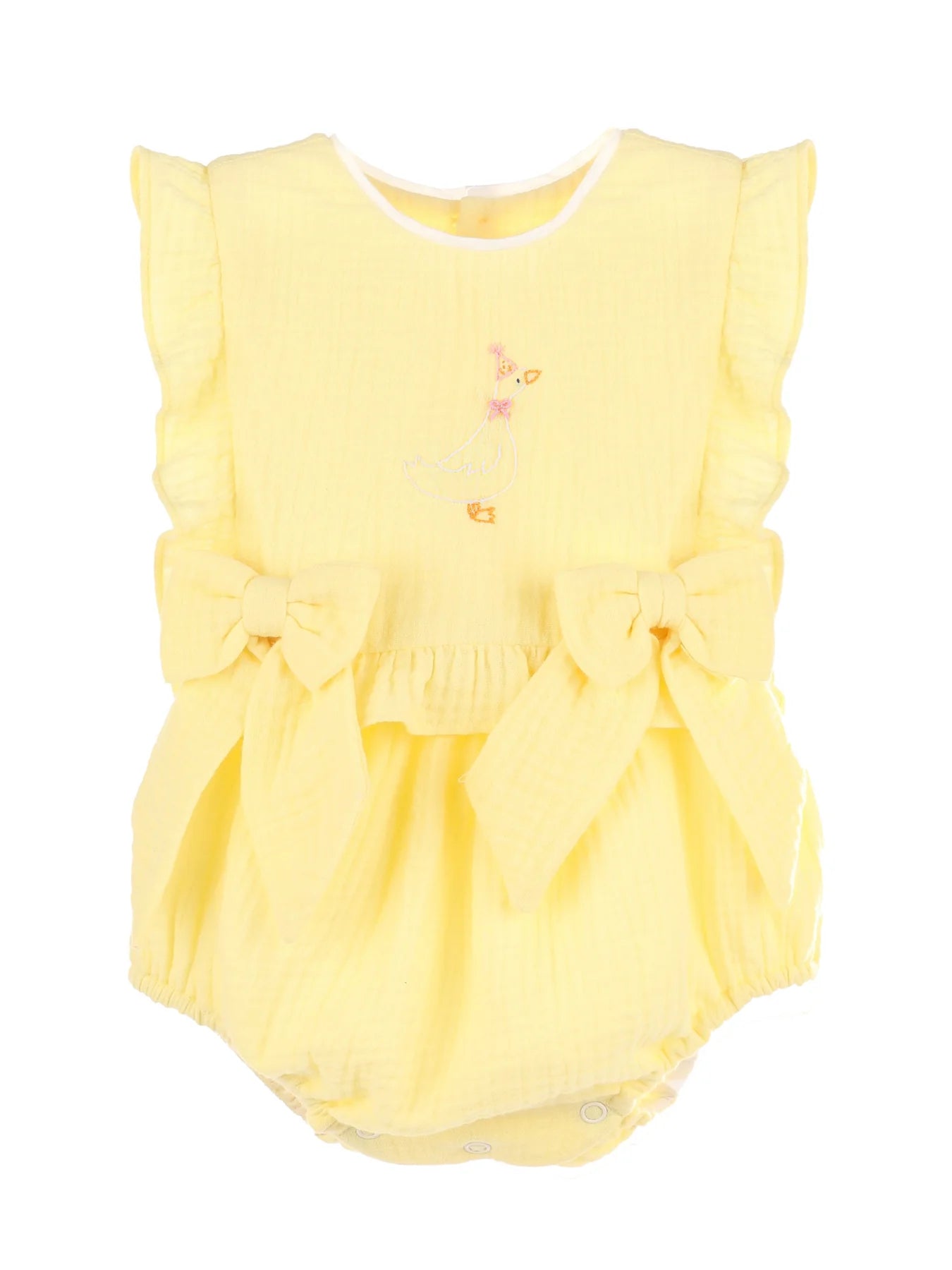 yellow girl bubble with bows with a goose with a birthday hat