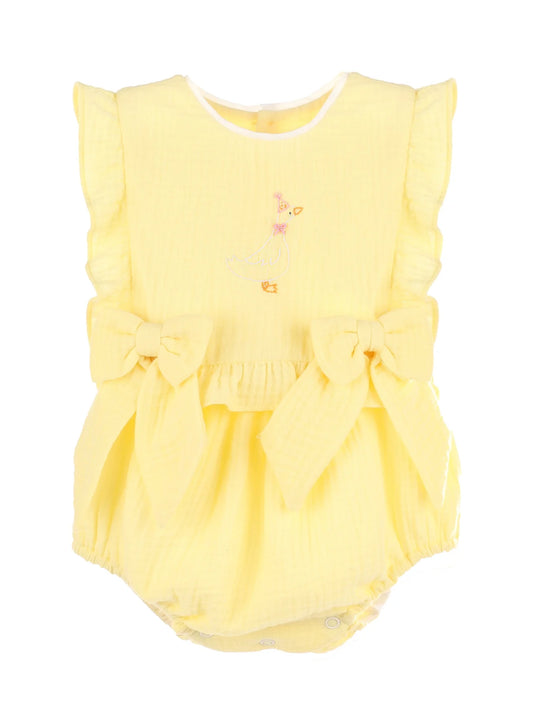 yellow girl bubble with bows with a goose with a birthday hat