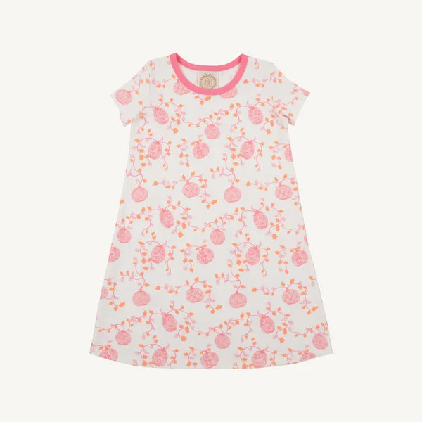 A short-sleeve baby dress with a white base, featuring a pink and orange watercolor pomegranate pattern and a pink collar.