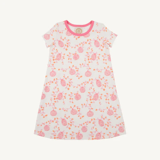 A short-sleeve baby dress with a white base, featuring a pink and orange watercolor pomegranate pattern and a pink collar.