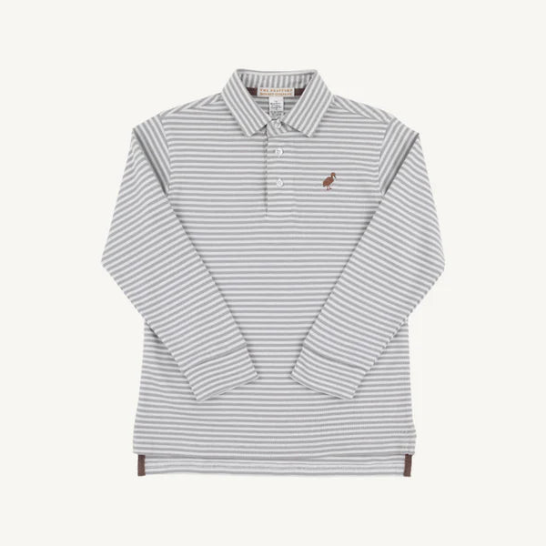 Long Sleeve Prim & Proper Polo -Grantley Gray Stripe with Gray Bay Brown Stork