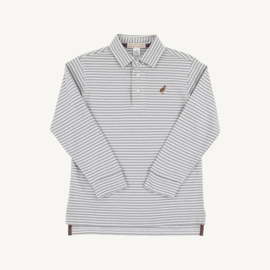Long Sleeve Prim & Proper Polo -Grantley Gray Stripe with Gray Bay Brown Stork