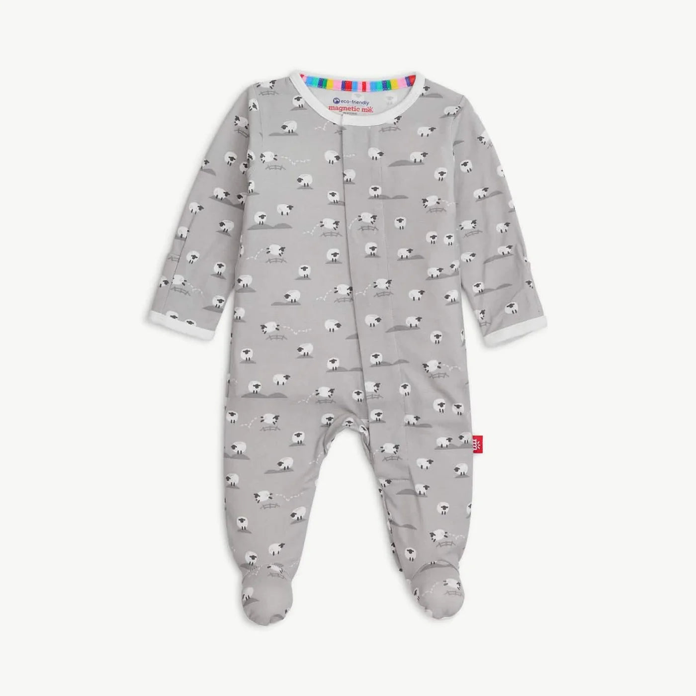 Gray footed pajamas with a sheep pattern.