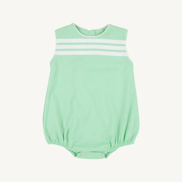 Mint green sleeveless baby bubble with white stripes on the chest