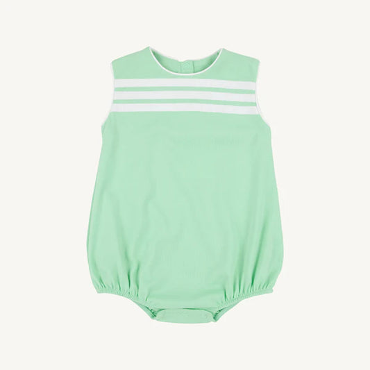 Mint green sleeveless baby bubble with white stripes on the chest