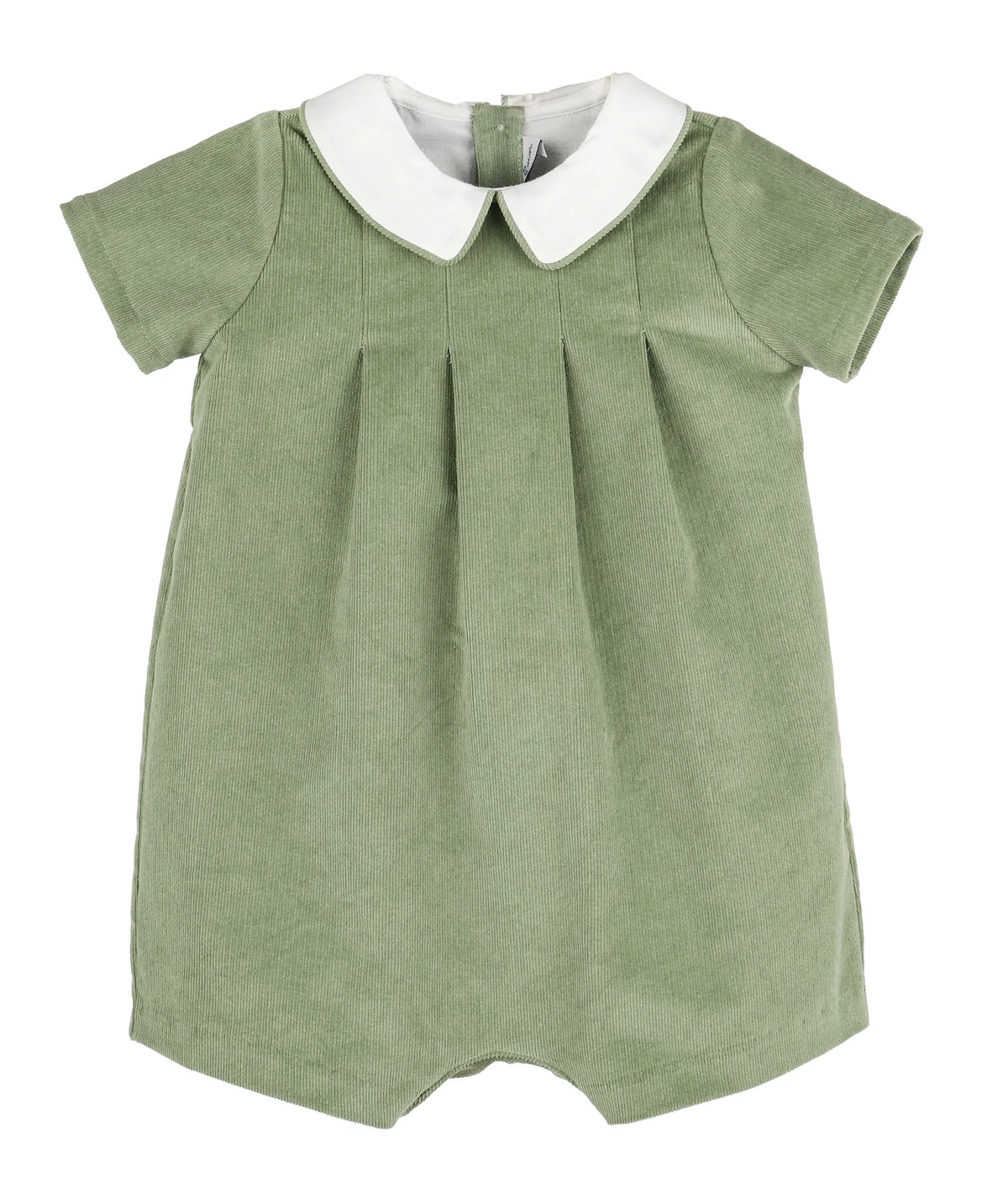 Green baby corduroy romper with white collar on a white background