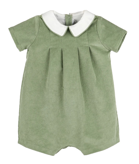 Green baby corduroy romper with white collar on a white background