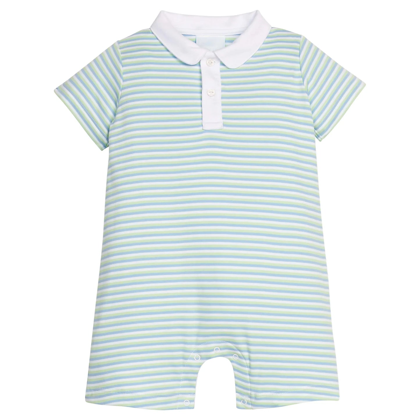 Blue and green Striped baby romper with a collar on a white background
