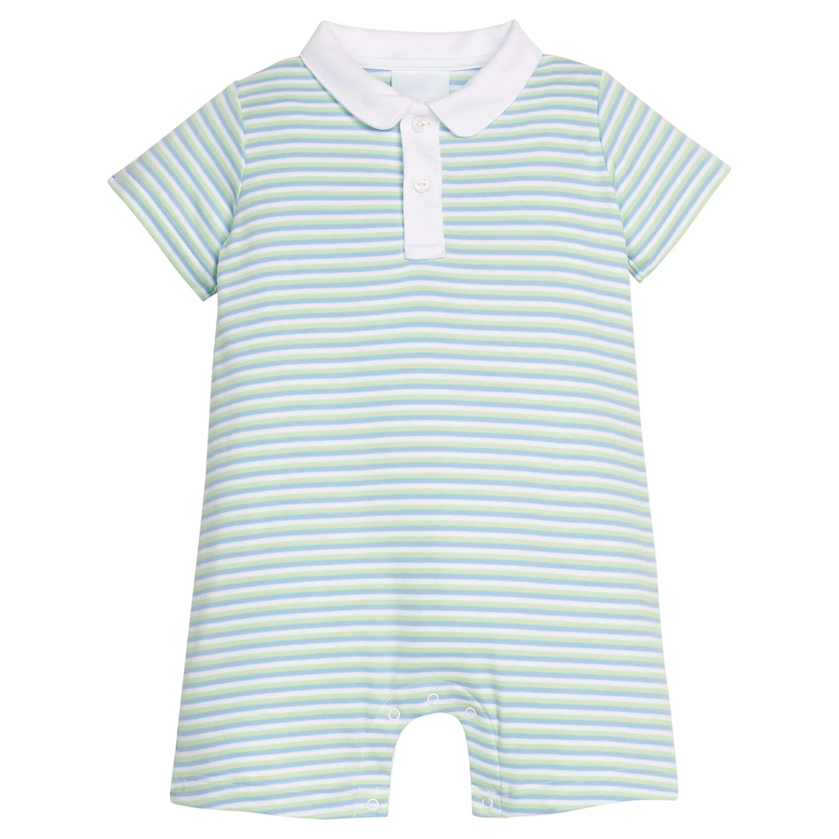 Blue and green Striped baby romper with a collar on a white background