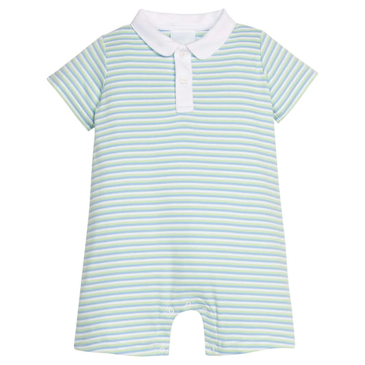 Blue and green Striped baby romper with a collar on a white background