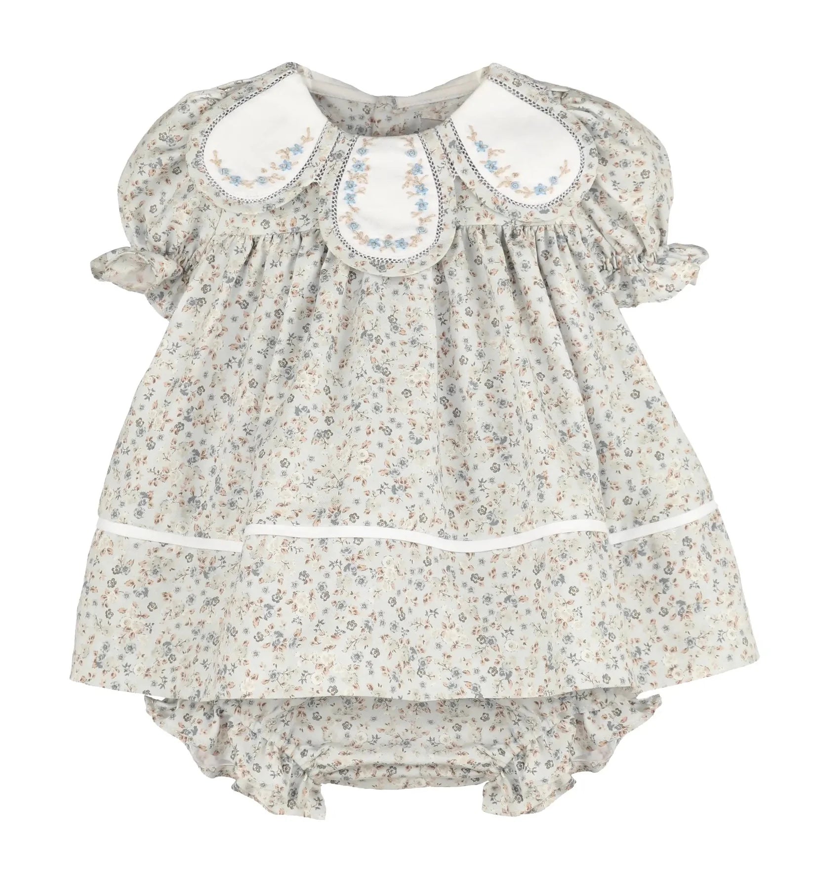 Grey blue Floral baby dress and bloomers set 