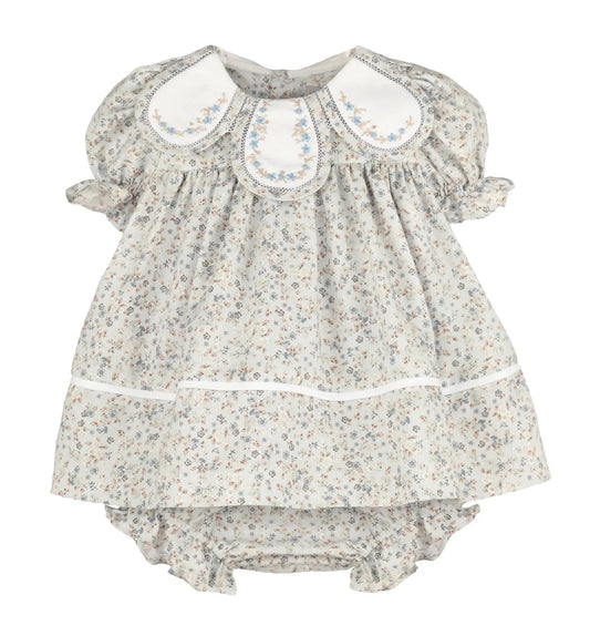 Grey blue Floral baby dress and bloomers set 