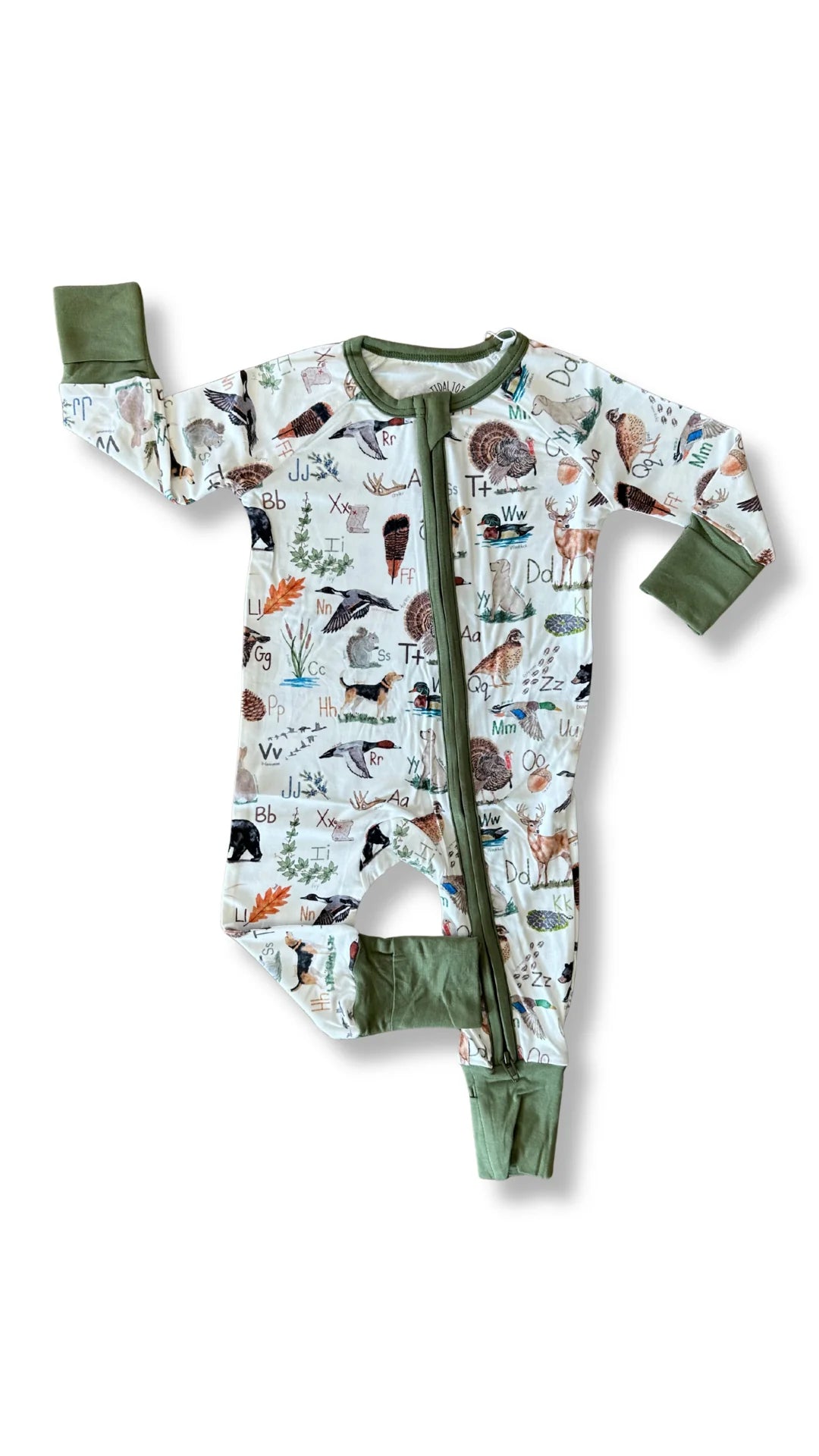 A baby long-sleeve footed sleeper with an all-over nature print of birds, insects, and plants, featuring solid olive green cuffs, collar, and zipper trim, displayed on a clean white background.