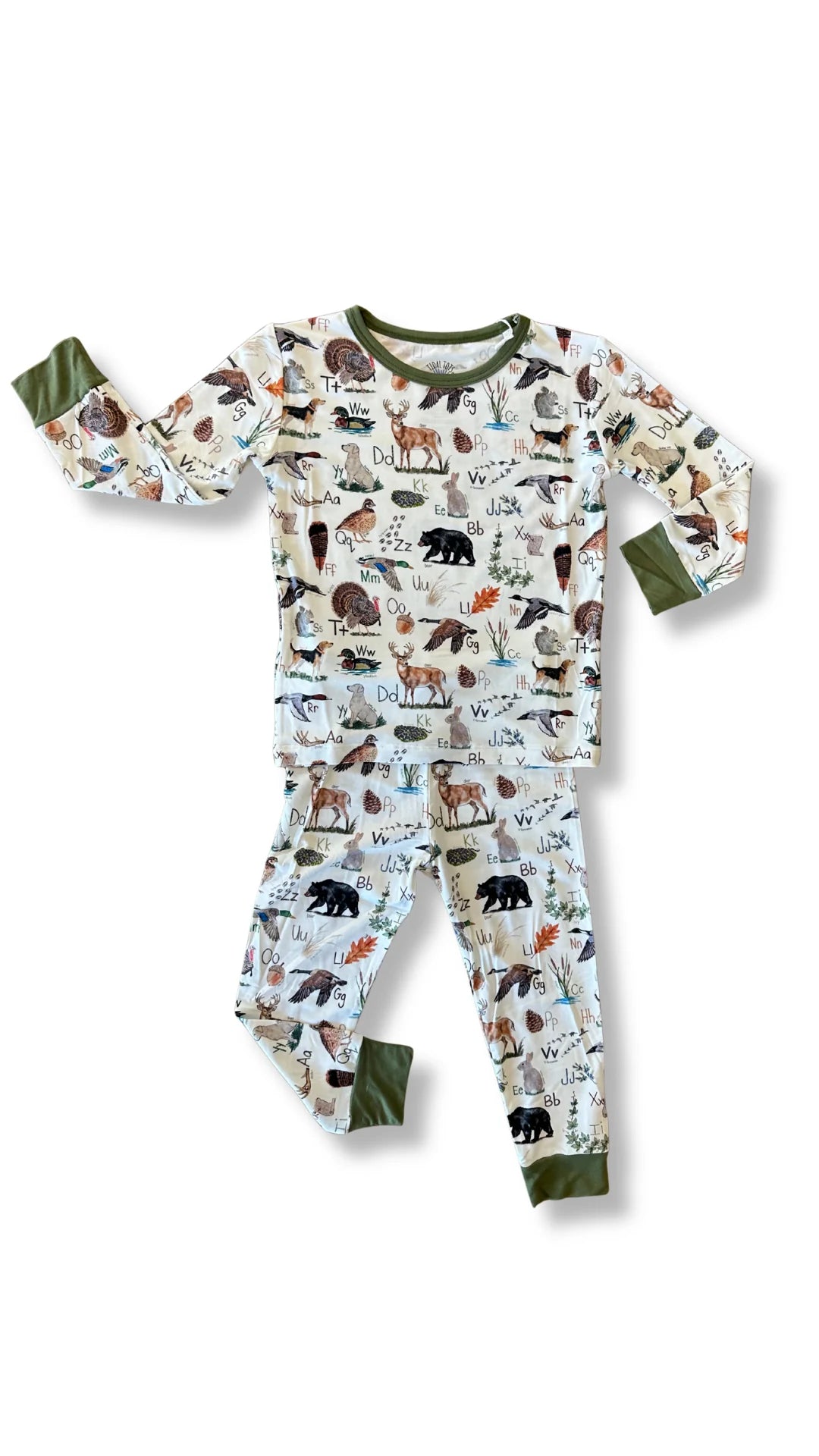 A two-piece children's pajama set featuring an all-over animal print on a white background, with sage green cuffs and collar trim, displayed on a clean white background.