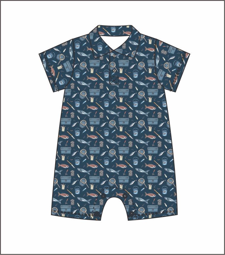 A short-sleeve baby romper with a dark blue background and an all-over pattern of fishing-themed illustrations, including rods, lures, hooks, and tackle boxes.