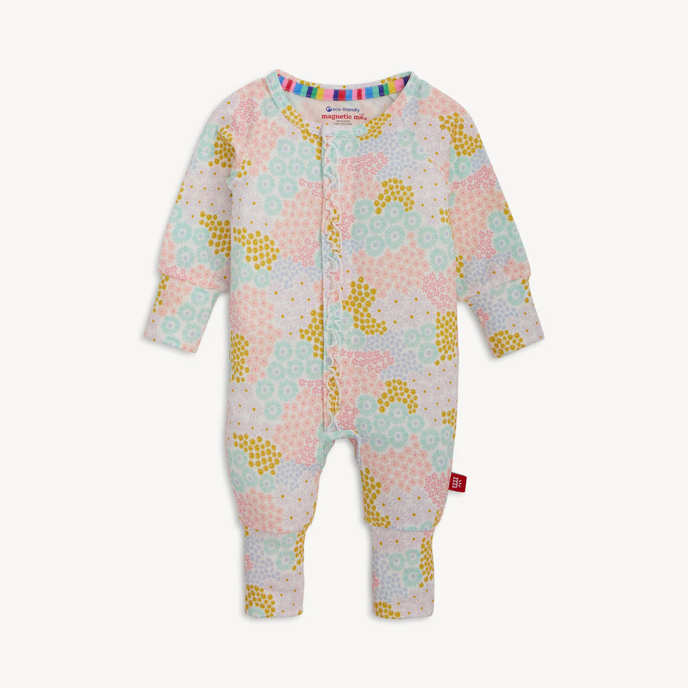 Baby girl's coverall with pastel flower pattern.