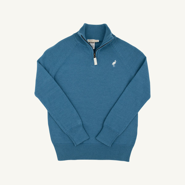 Blue sweater with a brand logo on a white background