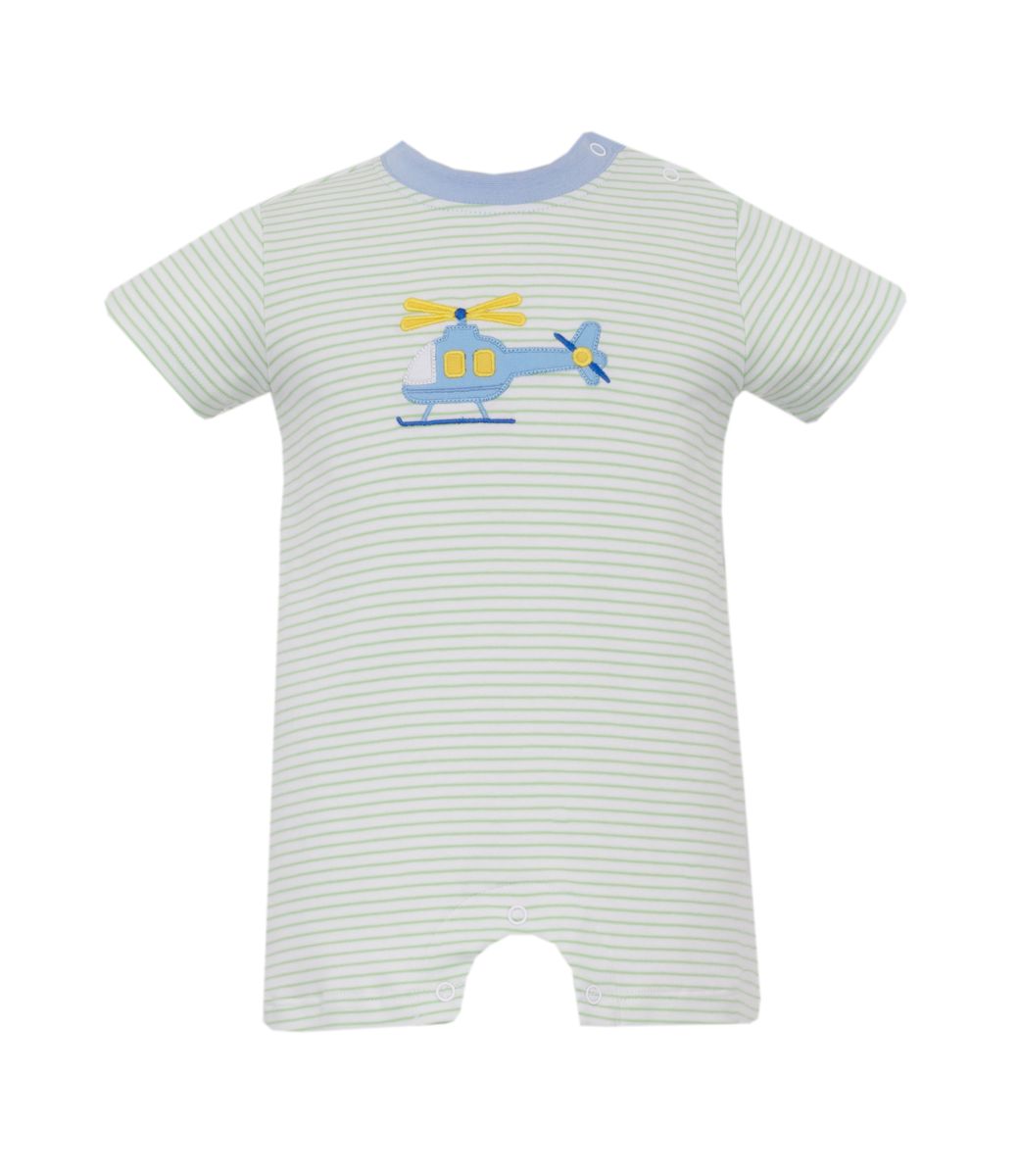 Green Striped baby romper with helicopter design 