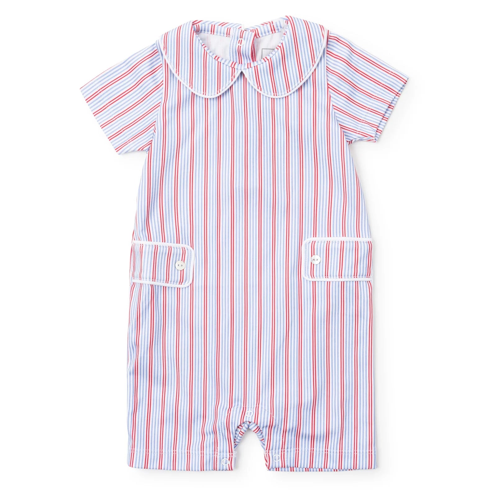 Red, white and blue Striped baby romper with a collar on a white background