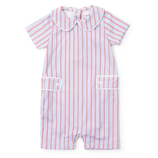 Red, white and blue Striped baby romper with a collar on a white background