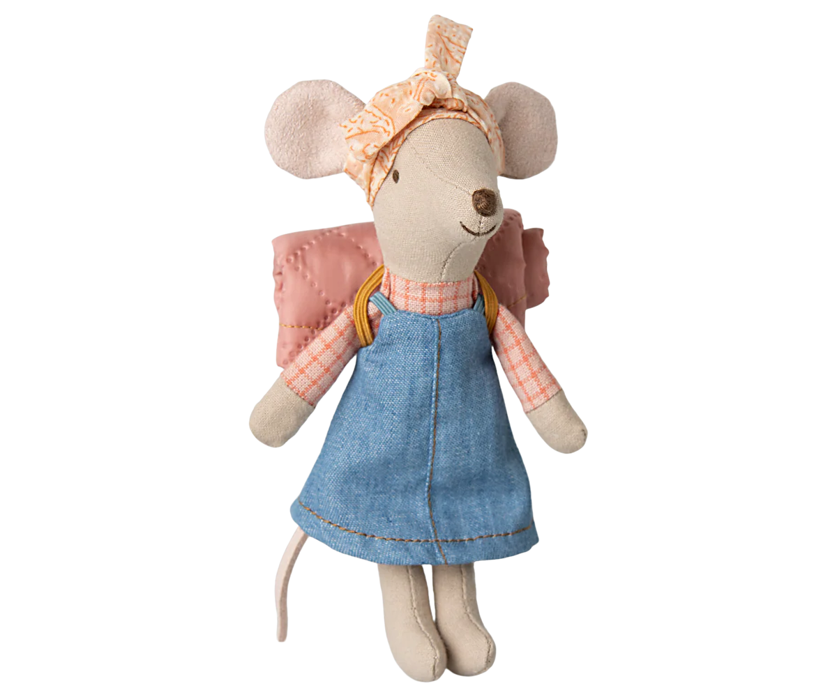 Stuffed mouse toy wearing a blue dress and pink headband hiker maileg mouse