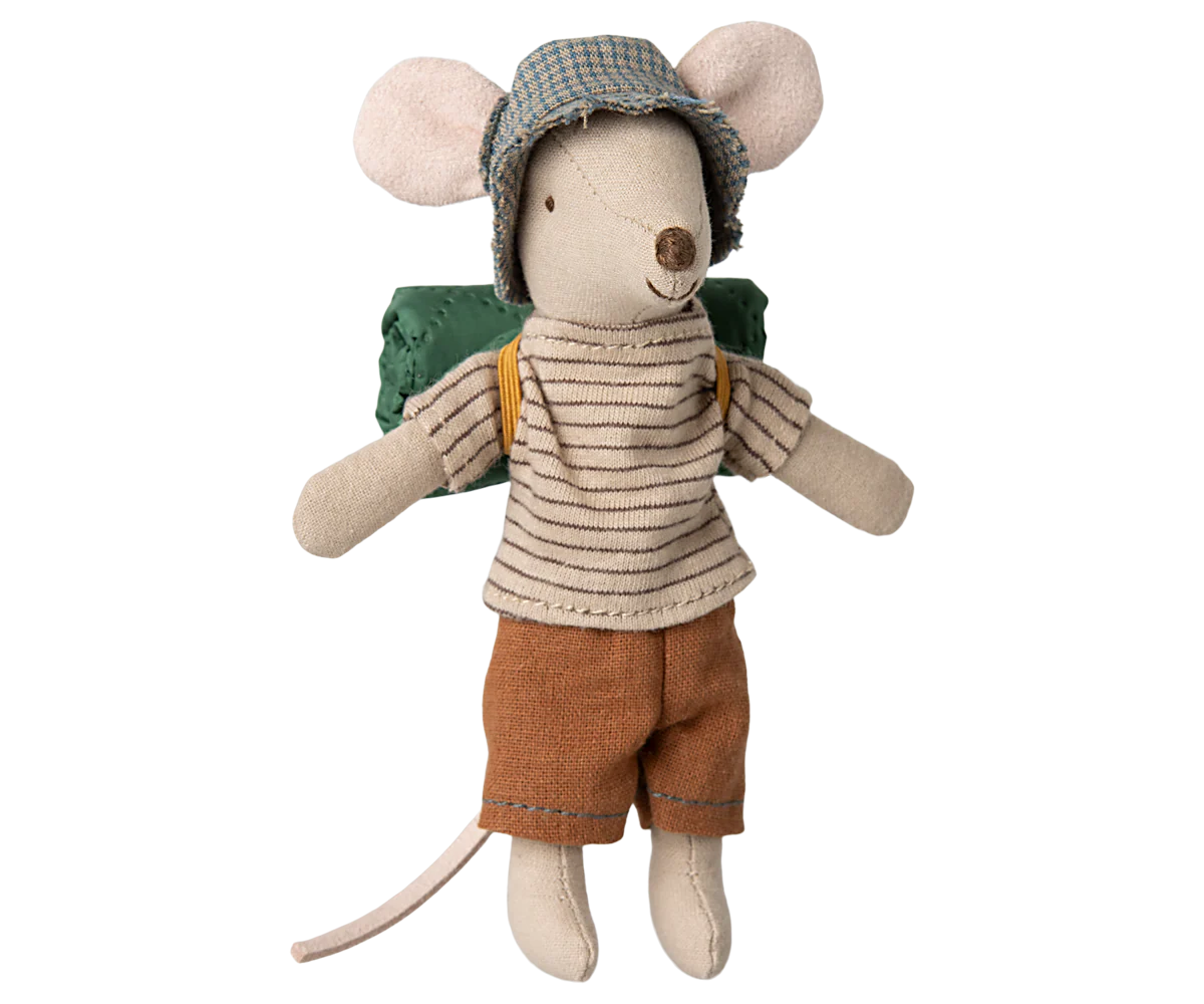 Stuffed mouse toy with a backpack and checkered hat maileg mouse