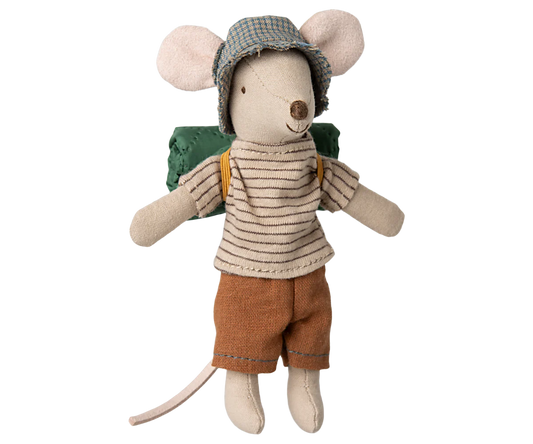 Stuffed mouse toy with a backpack and checkered hat maileg mouse