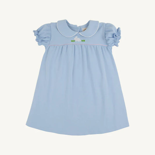 Light blue dress with ruffled sleeves with a white bunny embroidered  on the chest.