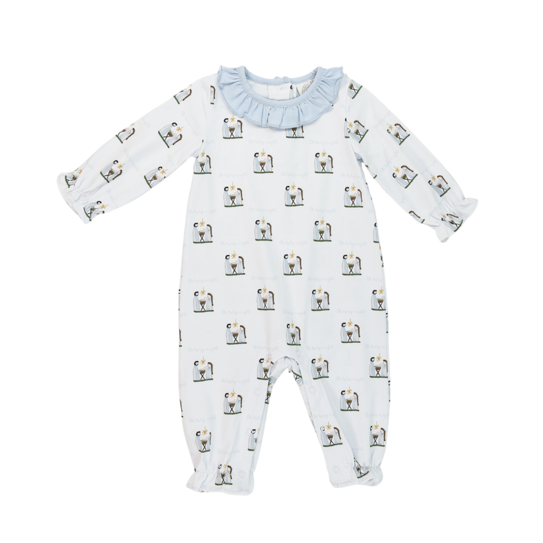 Baby onesie with oh holy night pattern and ruffled collar on a white background