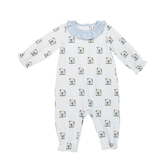 Baby onesie with oh holy night pattern and ruffled collar on a white background