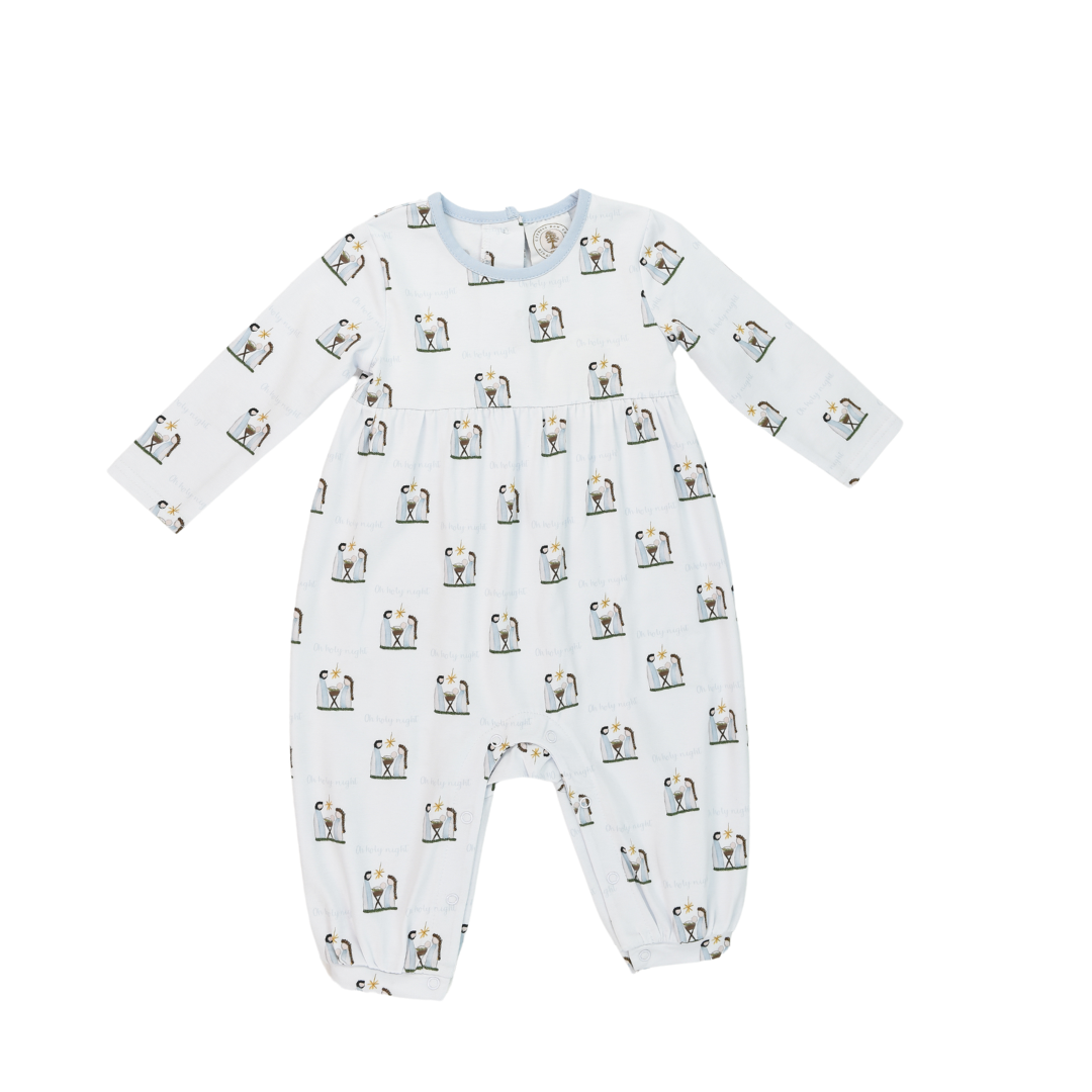 White baby onesie with oh holy night pattern on a white background