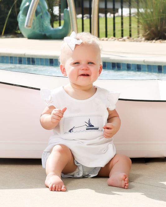 white ruffle smocked bloomer set with boat design and blue/white bloomer shorts 